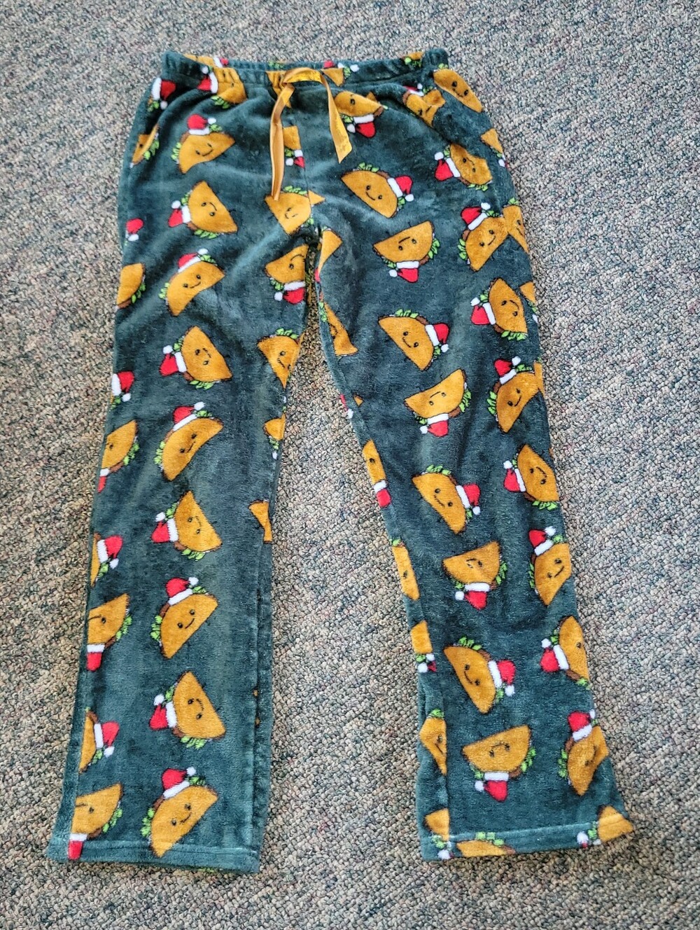 🔥5/$20 Women's Plush Taco Print Pajama Pants in Dark Green